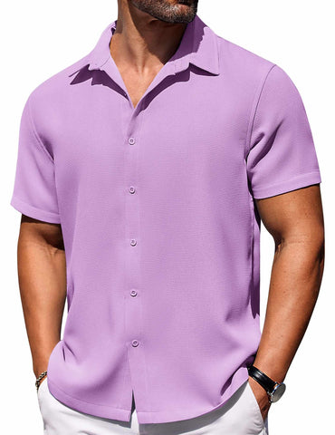 COOFANDY Mens Summer Short Sleeve Shirts Casual Button Down Slim Fit Shirt Textured Waffle Shirt Light Purple