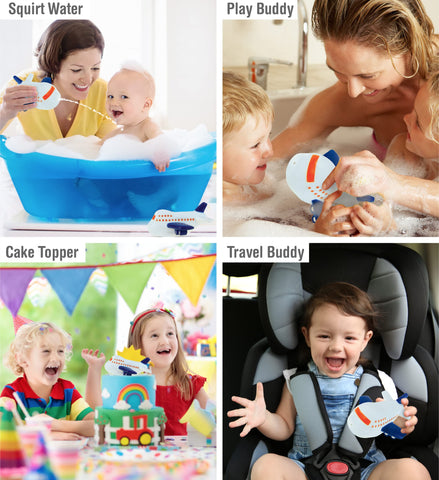 DolliBu Jetliner Bath Buddy Squirter - Floating White Airplane Rubber Bath Toy, Water Squirting Bathtime Play for Toddlers, Cute Aircraft Transport Toy for The Bathtub, Beach & Pool for Girls & Boys