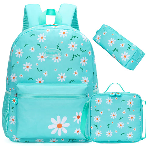 Meetbelify Backpacks for Girls School Backpacks with Lunch Box Pencil Case Kids Daisy Canvas Travel Bag for Elementary Student