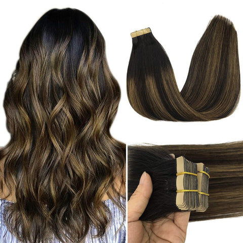GOO GOO Tape in Hair Extensions Human Hair, 1B/6/1B Balayage Natural Black to Chestnut Brown, 20inch 50g 20pcs, Thick Ends Straight Seamless Tape in, Invisible Tape in Hair Extensions Human Hair