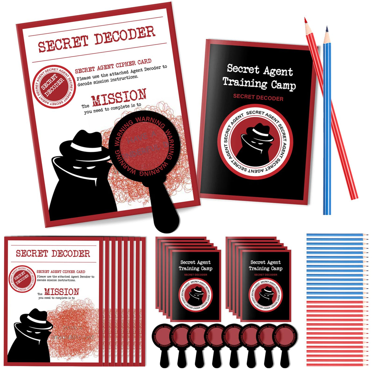 ReliThick 15 Set Detective Kit Secret Decoder Spy Kit Secret Spy Glass Decoder with Agent Training Camp Notepads Secret Mission Cards Pens Spy Birthday Party Favors Goodie Bags Prizes for Students