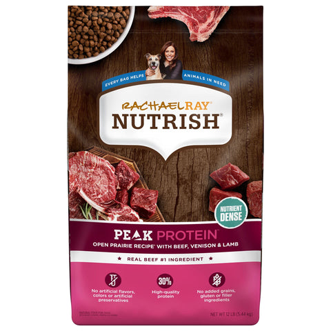 Rachael Ray Nutrish PEAK Natural Dry Dog Food, Open Prairie Recipe with Beef, Venison & Lamb, 12 Pound Bag, Grain Free (Packaging May Vary)