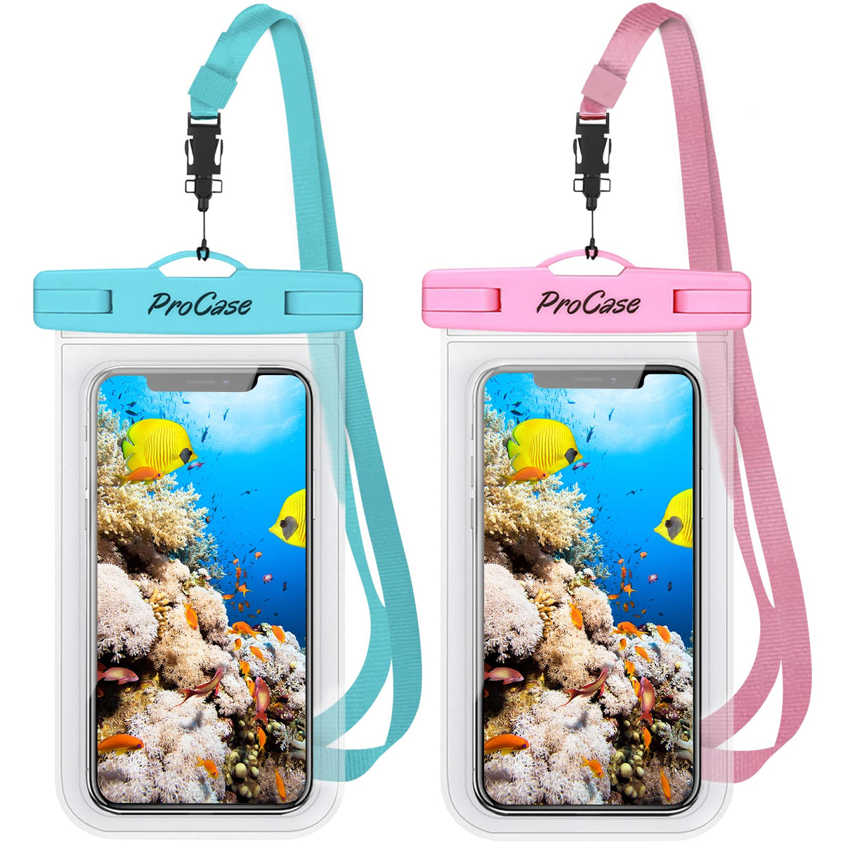 ProCase 2 Pack Waterproof Phone Case Pouch, IPX8 Underwater Dry Bag for iPhone 16 15 14 13 12 Plus Pro Max 11 Xs Max XR X 8 7 6S, Galaxy S22 S22+ S21 FE -Blue/Pink
