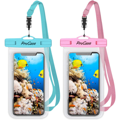 ProCase 2 Pack Waterproof Phone Case Pouch, IPX8 Underwater Dry Bag for iPhone 16 15 14 13 12 Plus Pro Max 11 Xs Max XR X 8 7 6S, Galaxy S22 S22+ S21 FE -Blue/Pink