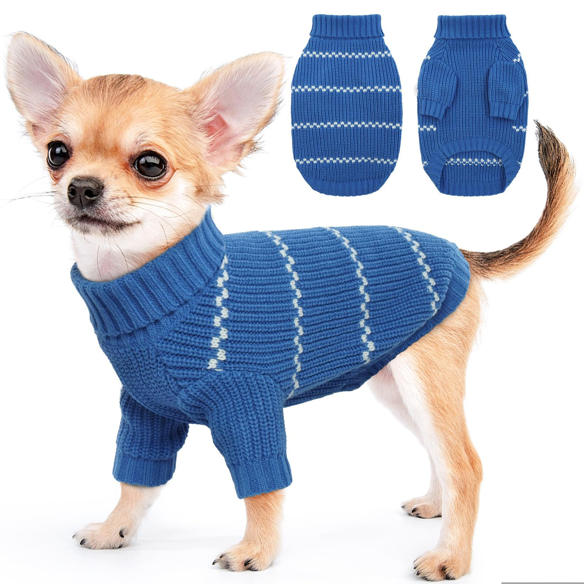 IDOMIK Dog Sweater, Thick Knitted Small Dog Pullover Sweater, Classic Striped Turtleneck Dog Sweaters for Small Medium Dogs Cats, Dog Warm Winter Clothes Coat for Cold Season,Blue,XS