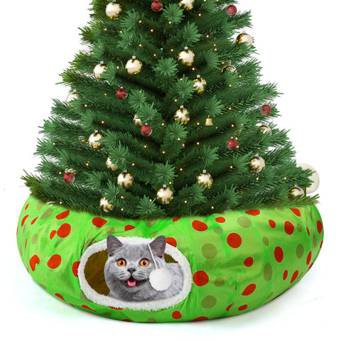 Hollowfly Christmas Cat Tunnel Bed 3ft x 3ft x 9.8in Under Christmas Tree Cat Tunnels for Indoor Cats Xmas Lime Green Cat Donut Tunnel Foldable Plush Peekaboo Cat Cave Toy for Small Cat Kitten Kitty