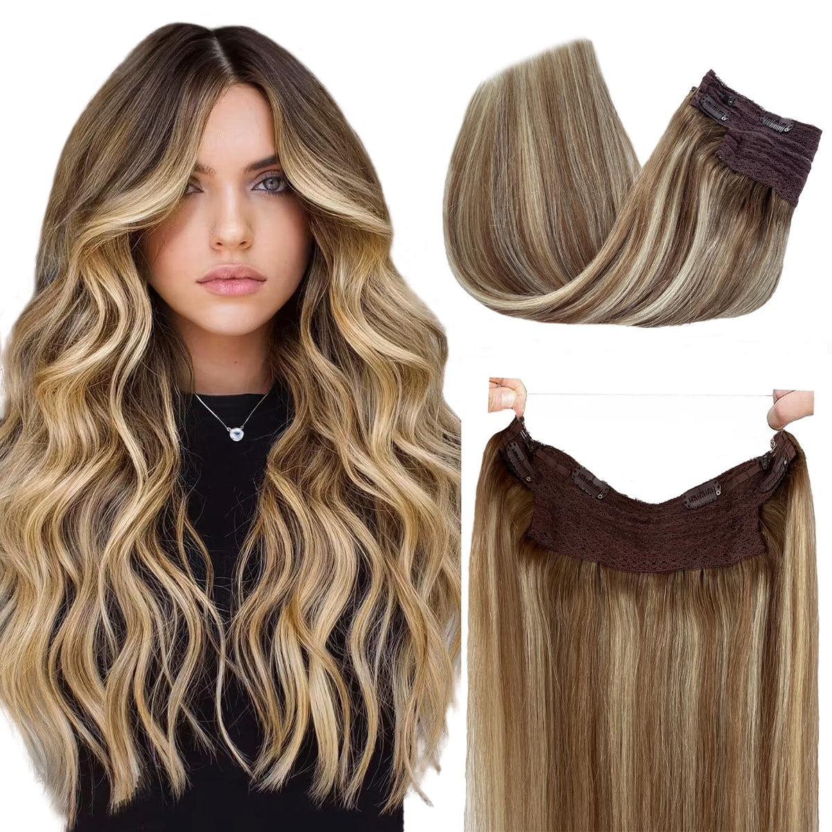 Halos Human Hair Extensions 16 Inch 80g Ombre Ash Brown with Blonde Highlights Halos Hair Extension One Piece Secret Fish Line Wire In Real Human Hair Extensions