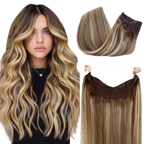 Halos Human Hair Extensions 16 Inch 80g Ombre Ash Brown with Blonde Highlights Halos Hair Extension One Piece Secret Fish Line Wire In Real Human Hair Extensions