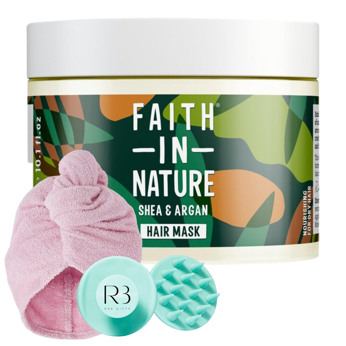 Argan Oil Hair Mask Bundle With Faith in Nature Shea & Argan Hair Mask 300ml and Rab Gifts Hair Wrap and Massage Brush