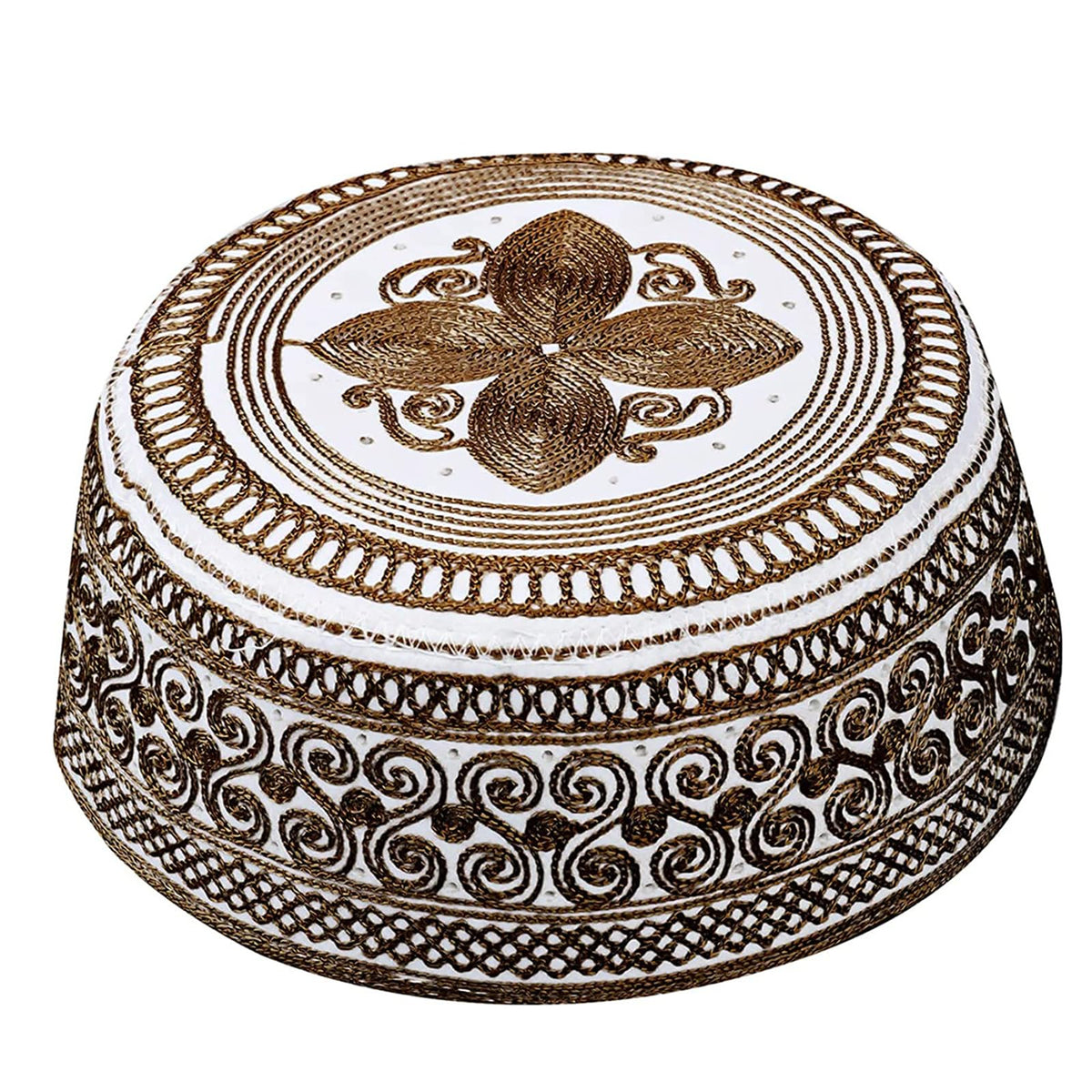 HIQIU Men's Muslim Islamic Prayer Kufi Hat Arabic Indian Hat Beanie Cap Embroidery Flat Prayer Hat, dark brown, 56/58