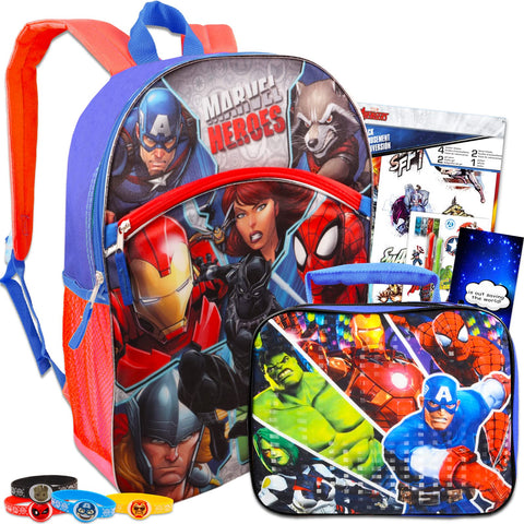 Avengers Backpack with Lunch Box Set - Bundle with 15" Avengers Backpack, Marvel Lunch Bag, Stickers, Bracelets, More | Avengers Backpack for Boys
