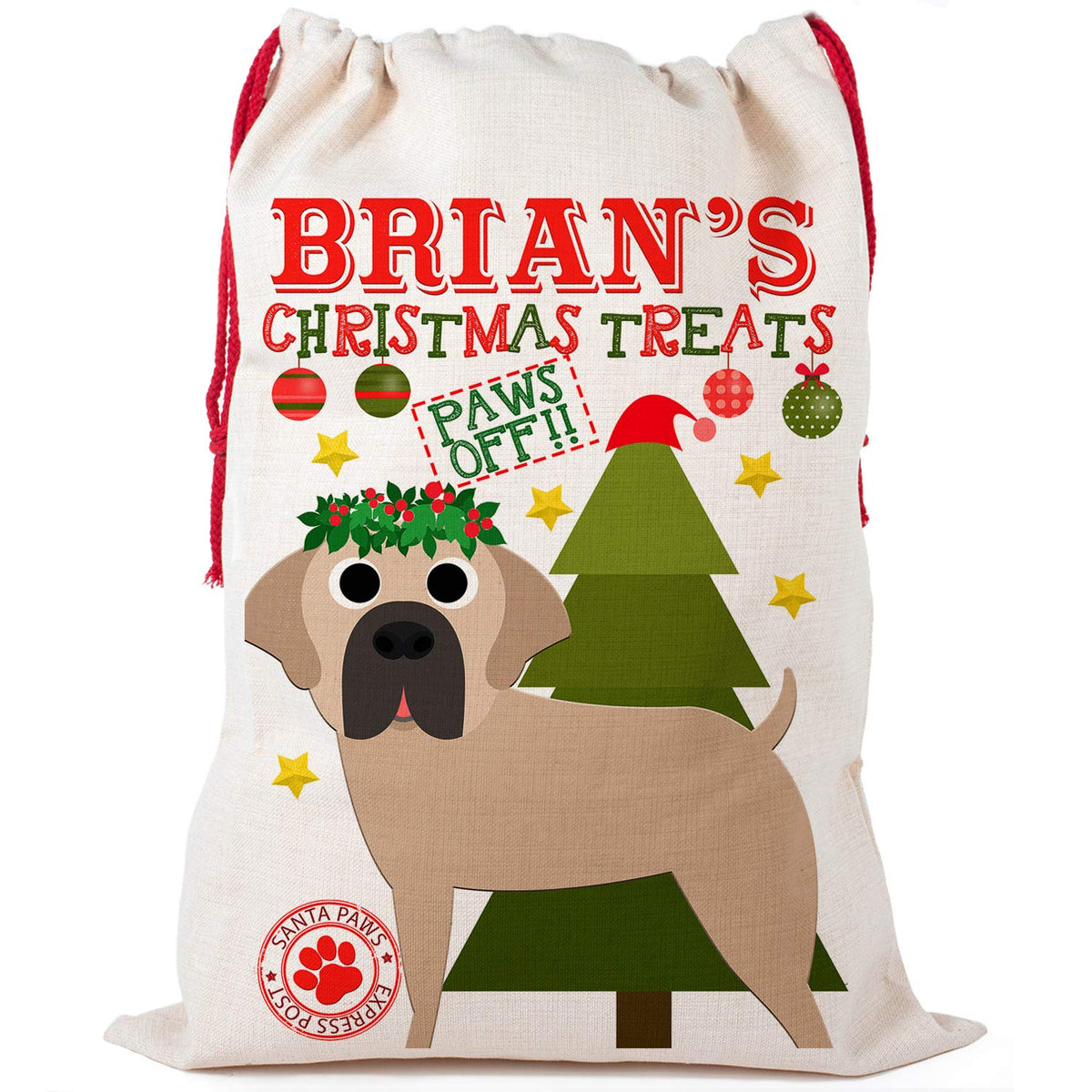 KRAFTYGIFTS Dog Christmas Sack Bullmastiff Pet Personalised Treat Bag CDS16(Small)