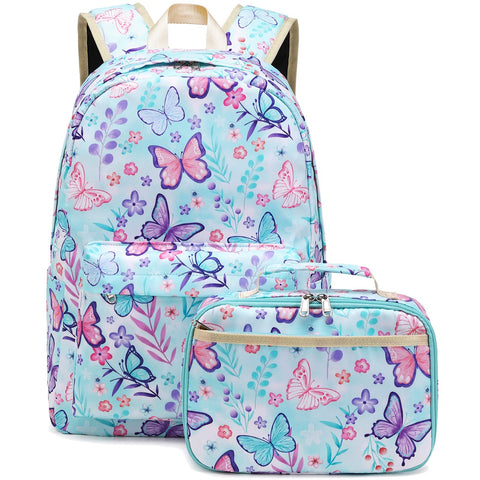 Octsky Kids Backpack for Girls Teens Elementary Middle School Bookbags Childs Back to School Bag with Lunch Box, Light Blue/Multi, One Size