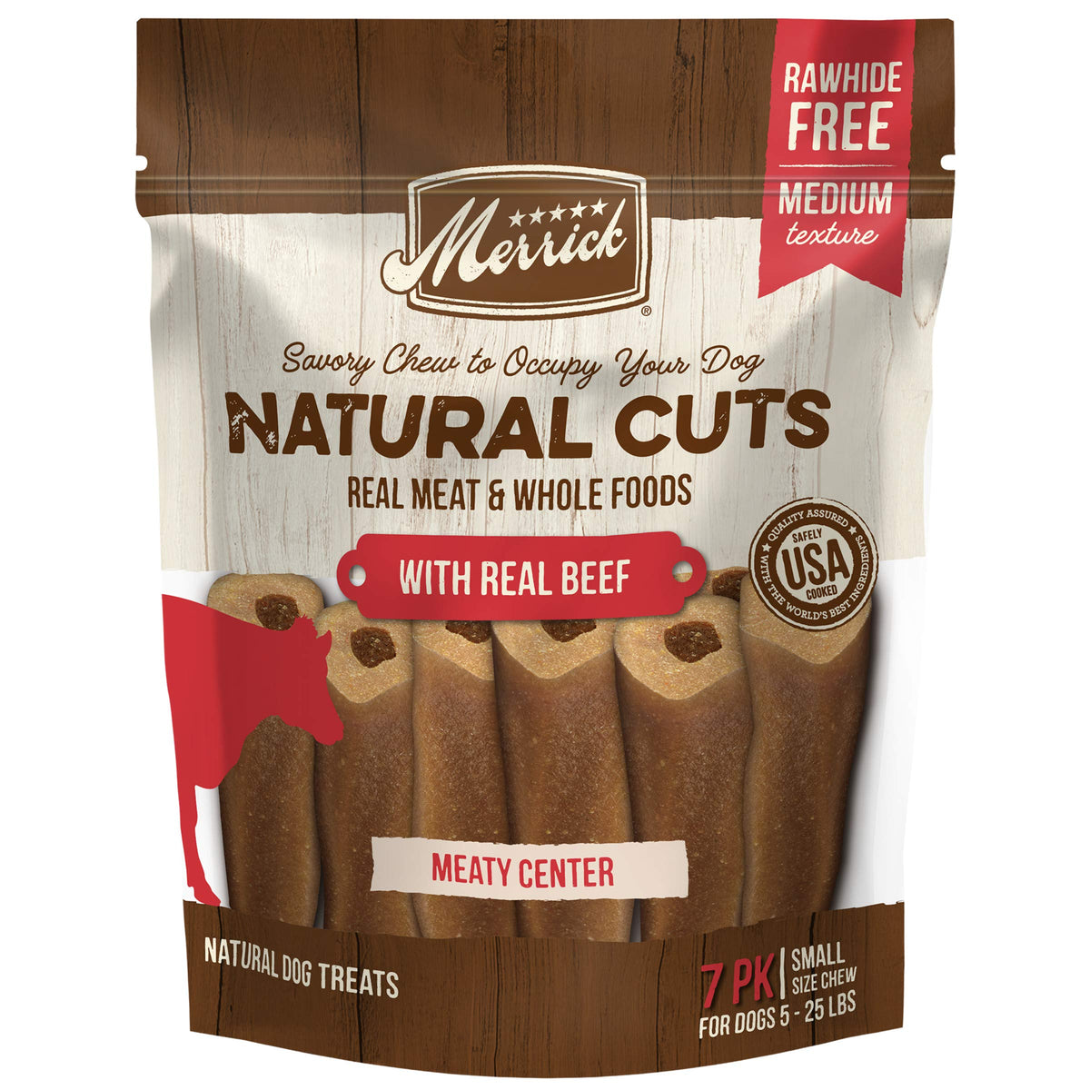 Merrick Natural Cuts Rawhide Free Dog Treats, Medium Texture Filled Dog Chew with Real Beef for Small Dogs - (6) 7 ct. Pouches