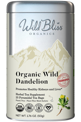 Organic Wild Raw Dandelion Root Tea - Caffeine Free Herbal Detox Support - 25 Plant Based Tea Bags