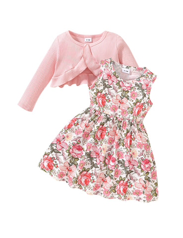 puseky Baby Girl Dress and Cardigan Set Floral Print Sleeveless Dress Long Sleeve Coat Outfits Baby Girls Gift 18-24 Months