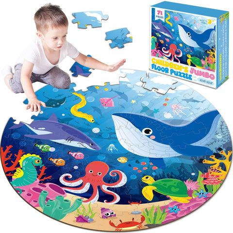 22.8 inch Jumbo Floor Puzzle for Kids Under The Sea Large Floor Puzzle Underwater World Round Puzzles for Toddler Children 3-8 Years Ocean Theme Development Educational Toys for Boys and Girls 71Pcs