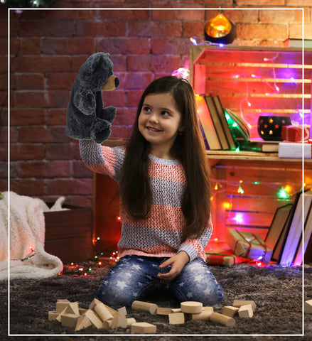 DolliBu Black Bear Plush Hand Puppet for Kids - Soft Plush Stuffed Animal Hand Puppet Toy, Puppet Show Games Puppet Theaters for Kids, Adult Cute Puppets Educational Toy to Teach Children & Toddlers