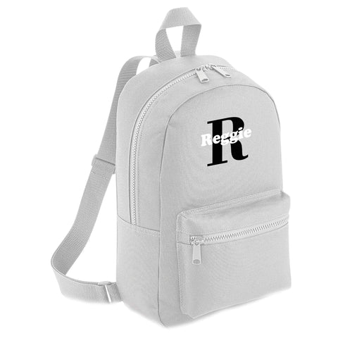 FunkyShirt Customised Name Initial Personalised Name Backpack Kids Childrens School Backpack Bag Boys Cute Rucksack Bags Pens Toddler Nursery Gym Black White Kid (Mini Backpack, Grey)