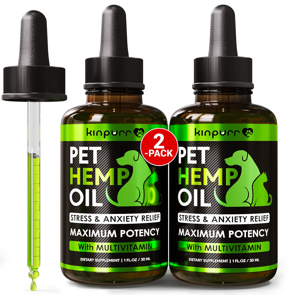 Pet Hemp Oil Drops Treats for Dogs and Cats - Anxiety, Stress, Pain - Calming Aid - Hip and Joint Support Relief -and Skin Health - Rich in Omega 3-6-9 - Made in USA, (2 Pack)