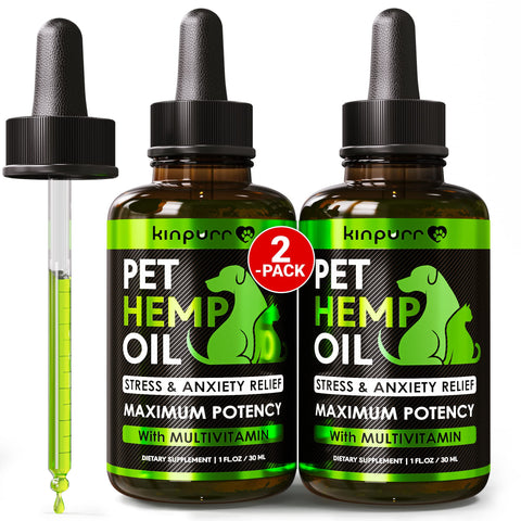 Pet Hemp Oil Drops Treats for Dogs and Cats - Anxiety, Stress, Pain - Calming Aid - Hip and Joint Support Relief -and Skin Health - Rich in Omega 3-6-9 - Made in USA, (2 Pack)