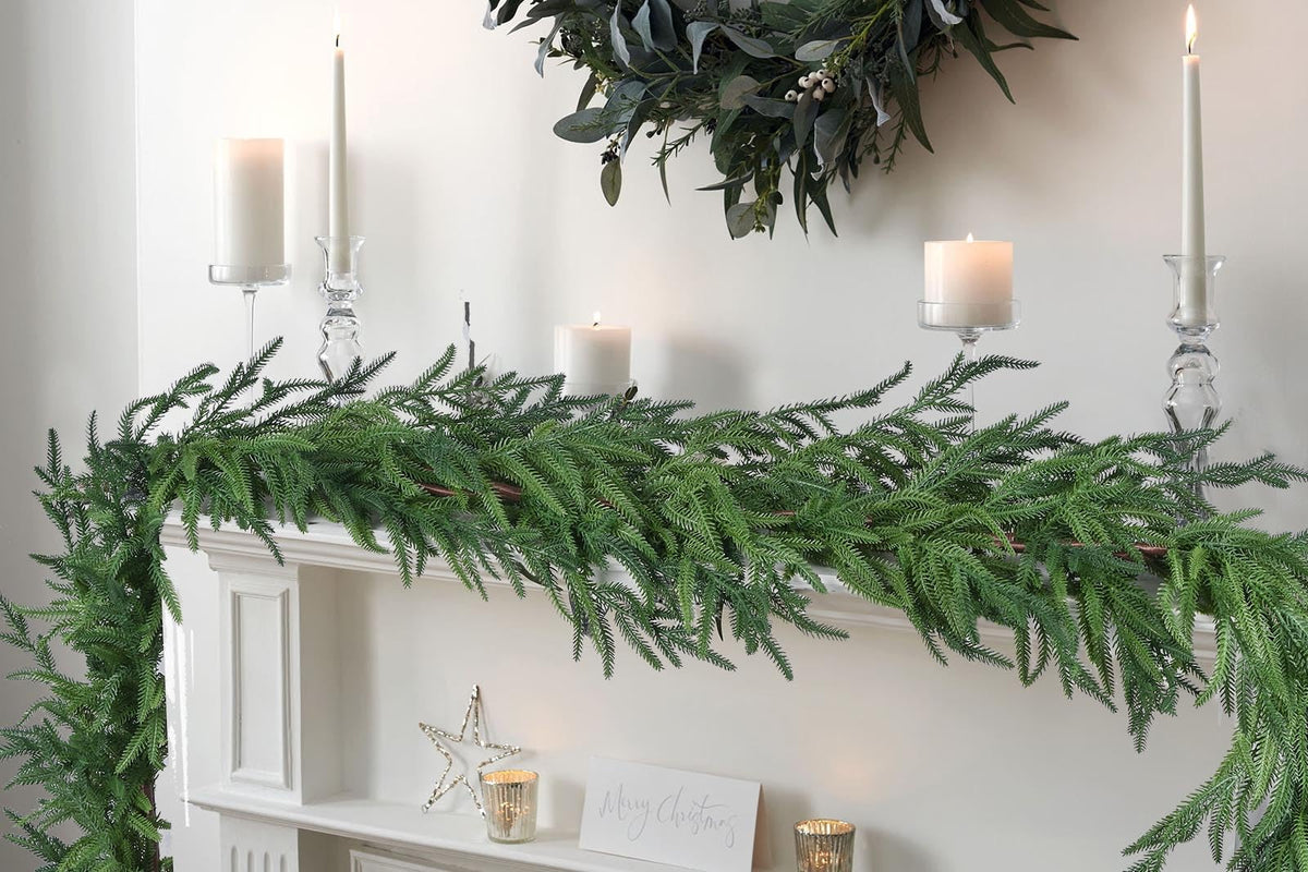 JoyHome Christmas Norfolk Pine Garland-Norfolk Pine Real Touch Garland,Artificial Pine Greenery Garlands for Mantle Fireplace Stairs Railing Table Home Decor (6Ft)