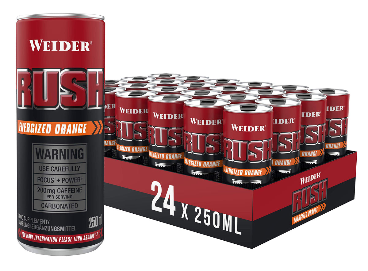 Weider Rush Carbonated Ready to Drink, Energized Orange, Pre-Workout, 80mg Caffeine, Focus + Power, 24 Pack 63163