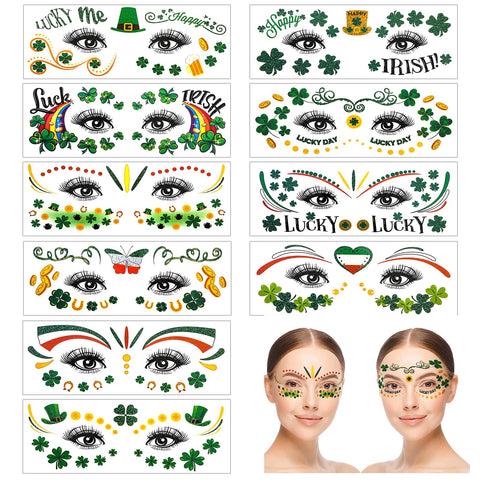HOWAF 10 Sheets St Patrick's Day Face Tattoo Stickers,Shamrock Clover Facial Makeup Sticker Face Eye Tattoos for St. Patrick's Day Party Accessory, Irish Green Party Glitter Face Art Temporary Tattoos