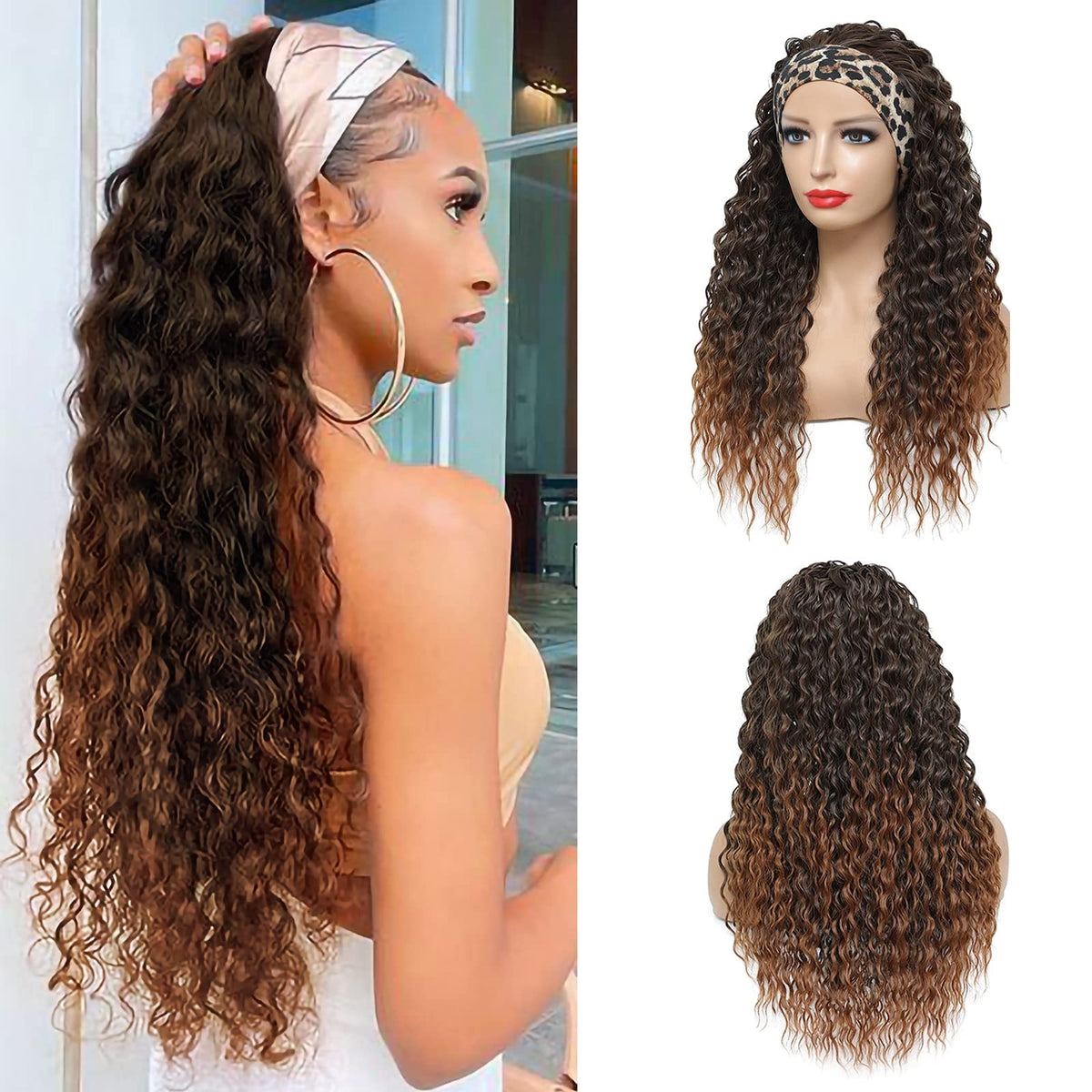 Alicoco Headband Wig Curly Headband Wigs for Women 180% Density Water Wave Glueless Wig Synthetic half Wig with Headbands Attached (26 Inch, T30/16)