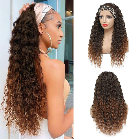 Alicoco Headband Wig Curly Headband Wigs for Women 180% Density Water Wave Glueless Wig Synthetic half Wig with Headbands Attached (26 Inch, T30/16)