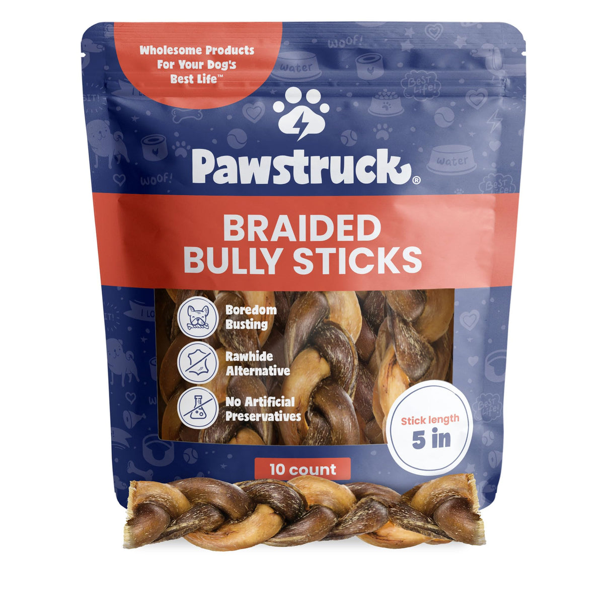 Pawstruck Natural 5ÃƒÆ’Ã‚Â¢ÃƒÂ¢Ã¢â‚¬Å¡Ã‚Â¬Ãƒâ€šÃ‚Â Braided Bully Sticks for Dogs - Tough Long Lasting, Rawhide Free, Low Odor, Healthy Single Ingredient Chew Treat for Aggressive Chewers - 10 Count - Packaging May Vary