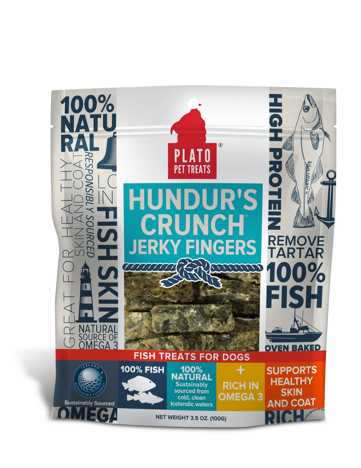 PLATO Hundur's Crunch Single Ingredient Cod Skin Dog Treats - Fingers, Natural 3.5 ounces