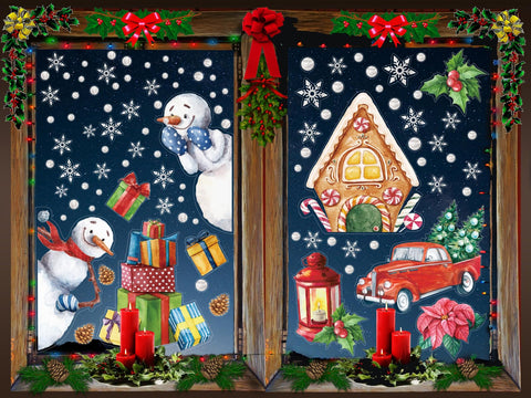 LOKIPA Christmas Window Cling Stickers, 8 Sheet Snowman Christmas Gifts Stickers Decals for Christmas Window Display
