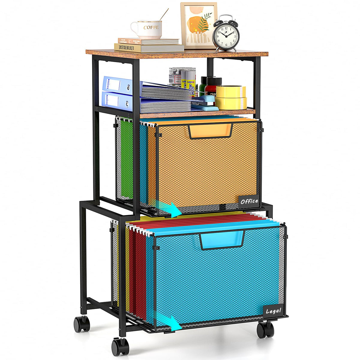 3IngSeagulls 4-Tier Rolling File Cart with 2 Drawer File Cabinet, Vertical Filing cabinets for Home Office, Mobile Printer Stand with File Cabinet, Rustic Brown and Black