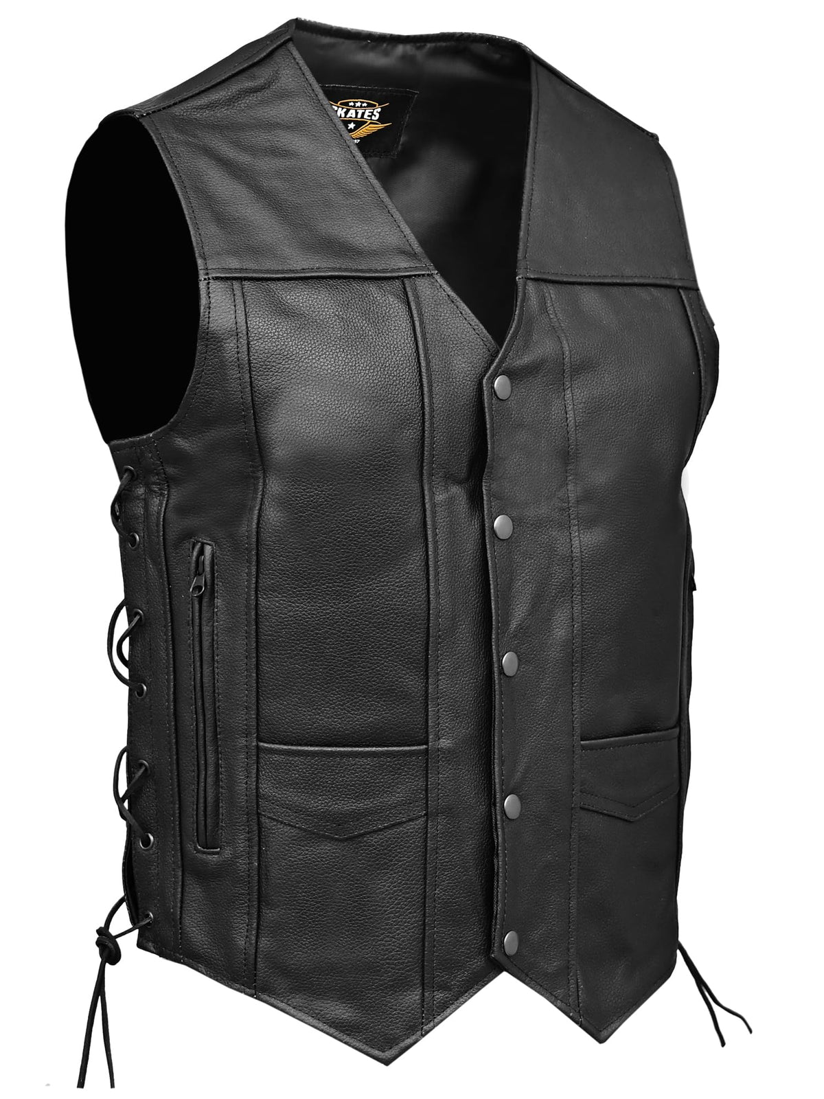 Skates sports Genuine Leather Motorcycle Vest Adjustable Side Laces Biker Vest with 2 Concealed Pockets Motorbike Riding Club Waistcoat (XL, Black)