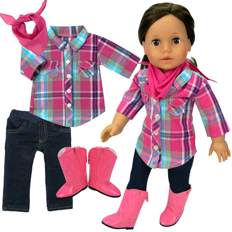 Sophia's 18" Doll 4 pc. Western Outfit Plaid Shirt, Jeggings, Pink Boots and Bandana Outfit, Multicolor