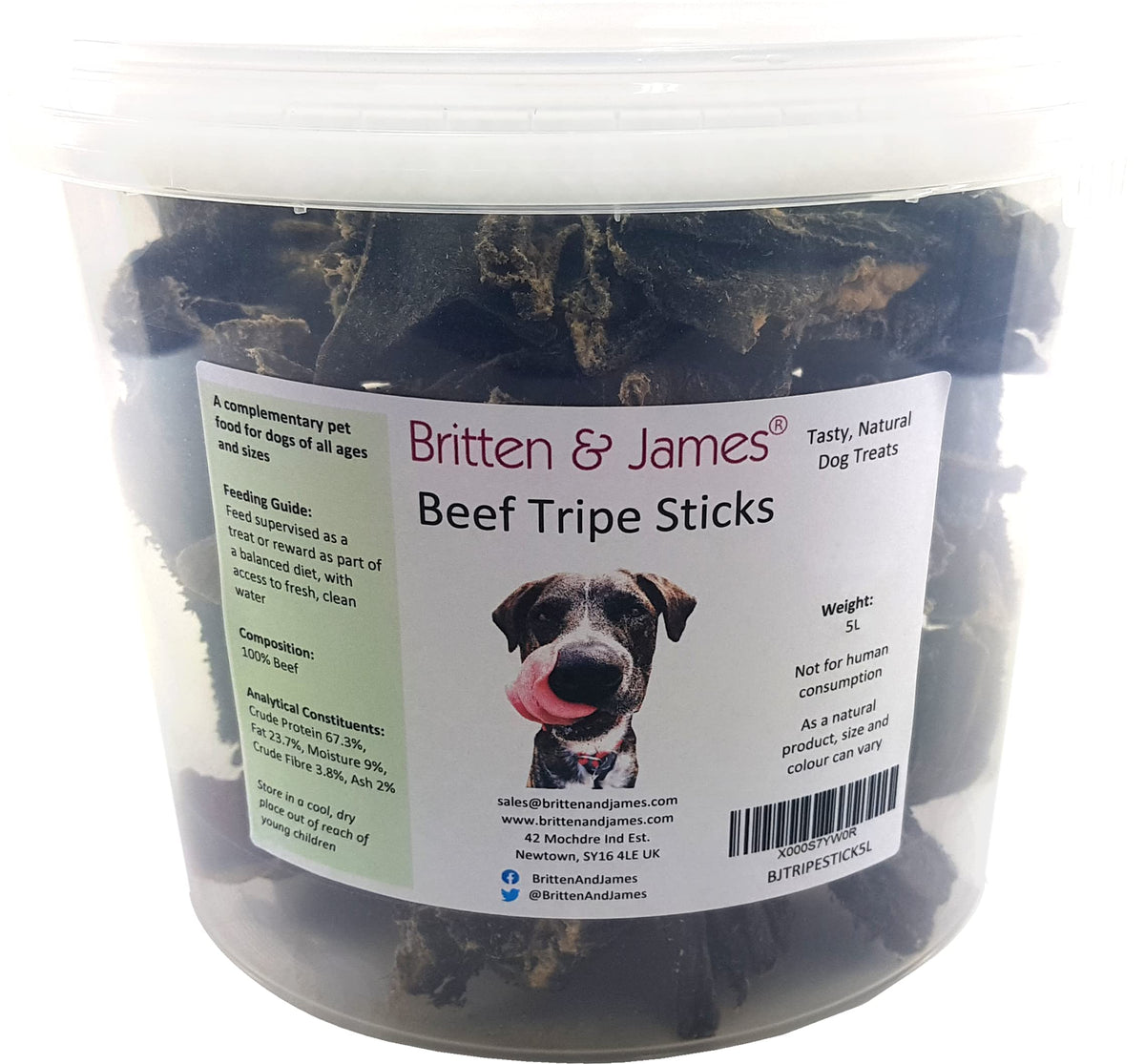 Britten & James Beef Tripe Sticks Treats for Dogs in a Resealable No Smell 5L Tub. A completely natural product with no additives. Reduces tartar and bad breath. Good for teeth and gums