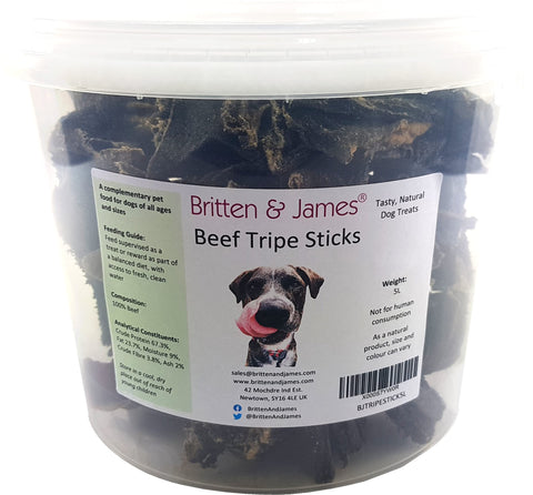 Britten & James Beef Tripe Sticks Treats for Dogs in a Resealable No Smell 5L Tub. A completely natural product with no additives. Reduces tartar and bad breath. Good for teeth and gums