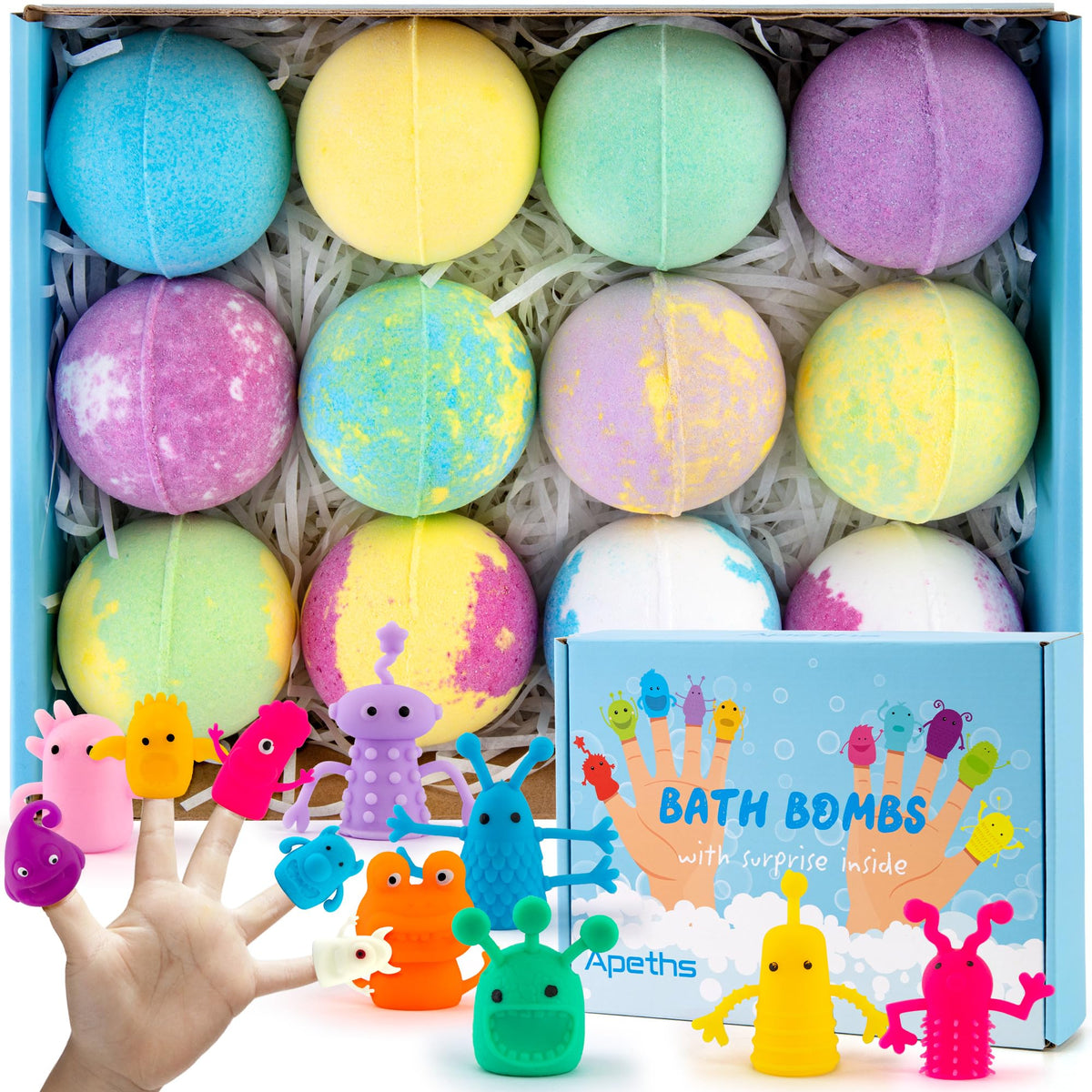 Bath Bombs for Kids with Finger Puppet Toys Inside, Set of 12 XXL 3.5oz Large Bath Bomb with Surprise Toys Inside, Kids Safe Handmade Fizzy Balls Organic Bubble Bath Bomb Great Gift Set