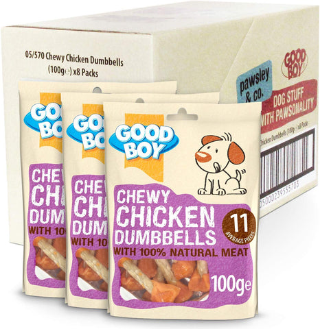 2 x Chewy Chicken Dog Treats - Chewy Chicken Dumbells - Pack of 8-100ge - Made with 100% Natural Chicken Breast Meat - Low Fat