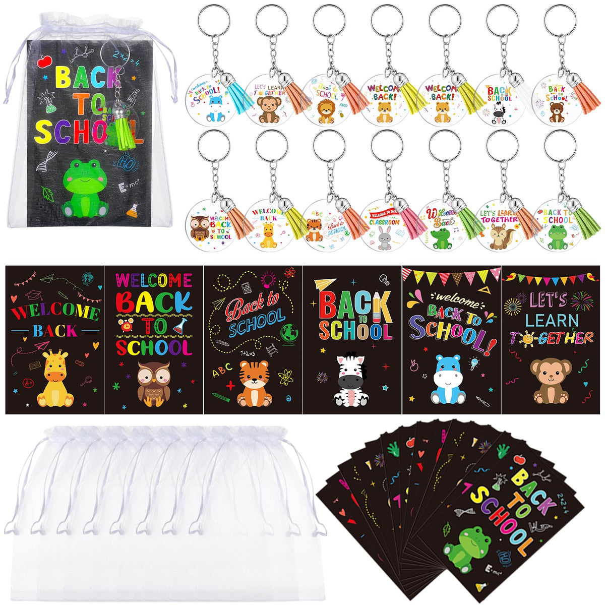 Equsion 28 Set Back to School Gifts Include Acrylic Mini Animal Keychains First Day of School Cards and Organza Bags for Students Kids Back to School Classroom Gifts Jungle Animal Party Favors