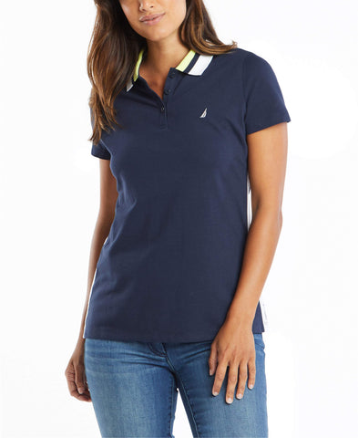 Nautica womens Classic Fit Striped V-neck Collar Stretch Cotton Polo Shirt, Navy Seas, X-Small US