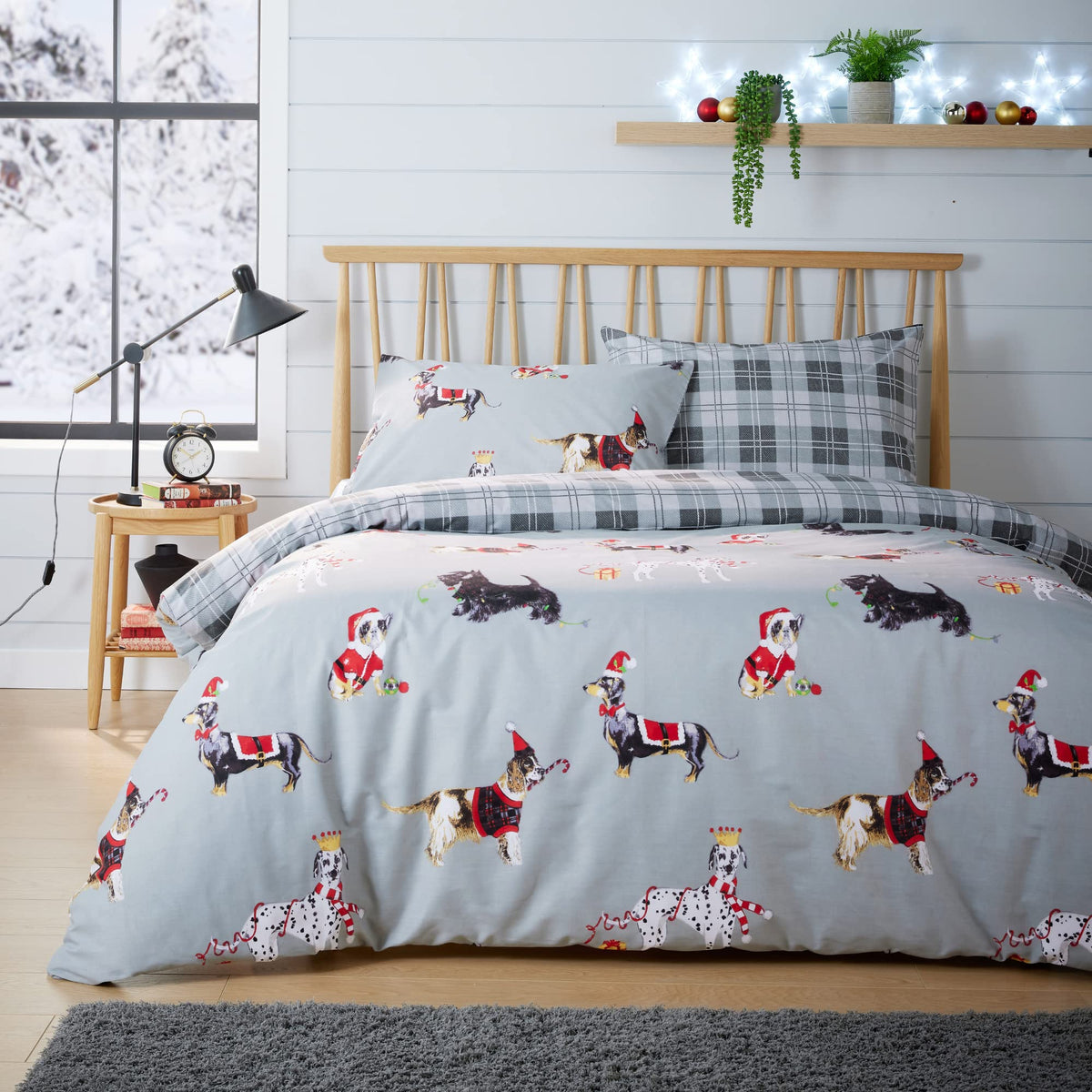 Olivia Rocco Christmas Dogs Duvet Cover Set Puppies White Grey Reversible Super Soft Easy Care Cute Animal Print Quilt Bedding Bed Sets with Pillowcase, Grey King