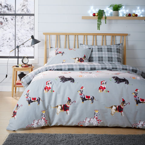 Olivia Rocco Christmas Dogs Duvet Cover Set Puppies White Grey Reversible Super Soft Easy Care Cute Animal Print Quilt Bedding Bed Sets with Pillowcase, Grey King