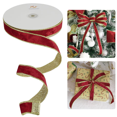 HUIHUANG Red Velvet Wired Ribbon 1 inch Red Velvet Ribbon with Glitter Gold Christmas Ribbon for Tree Decorations, Gift Wrapping, Wreaths, Garlands, Bows- Continuous 20 Yards