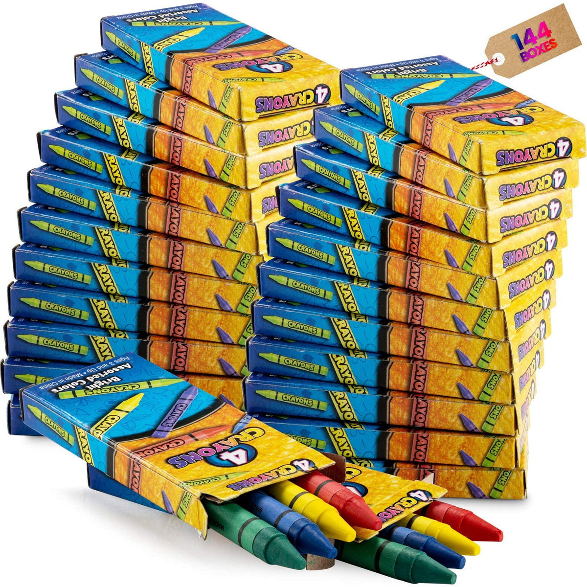 Bedwina Bulk Crayons - 576 Crayons - Case of 144 4-Packs, Premium Colour Crayons for Kids and Toddlers, Non-Toxic, for Party Favors, Restaurants, Goody Bags, Stocking Stuffers