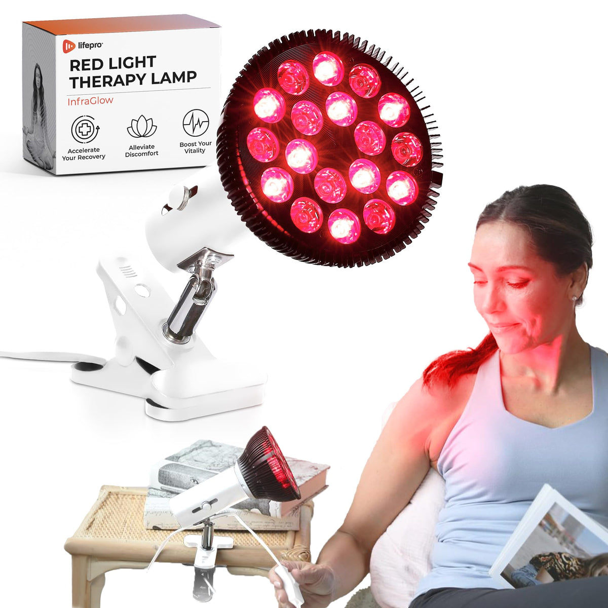 LifePro InfraGlow NIR & Red Light Therapy Lamp - Infrared Red Light Therapy Bulb with 18 LEDs & Clip-On Lamp - at-Home Red Light Therapy for Body, Chronic Pain Relief, Skin Wellness, & Recovery