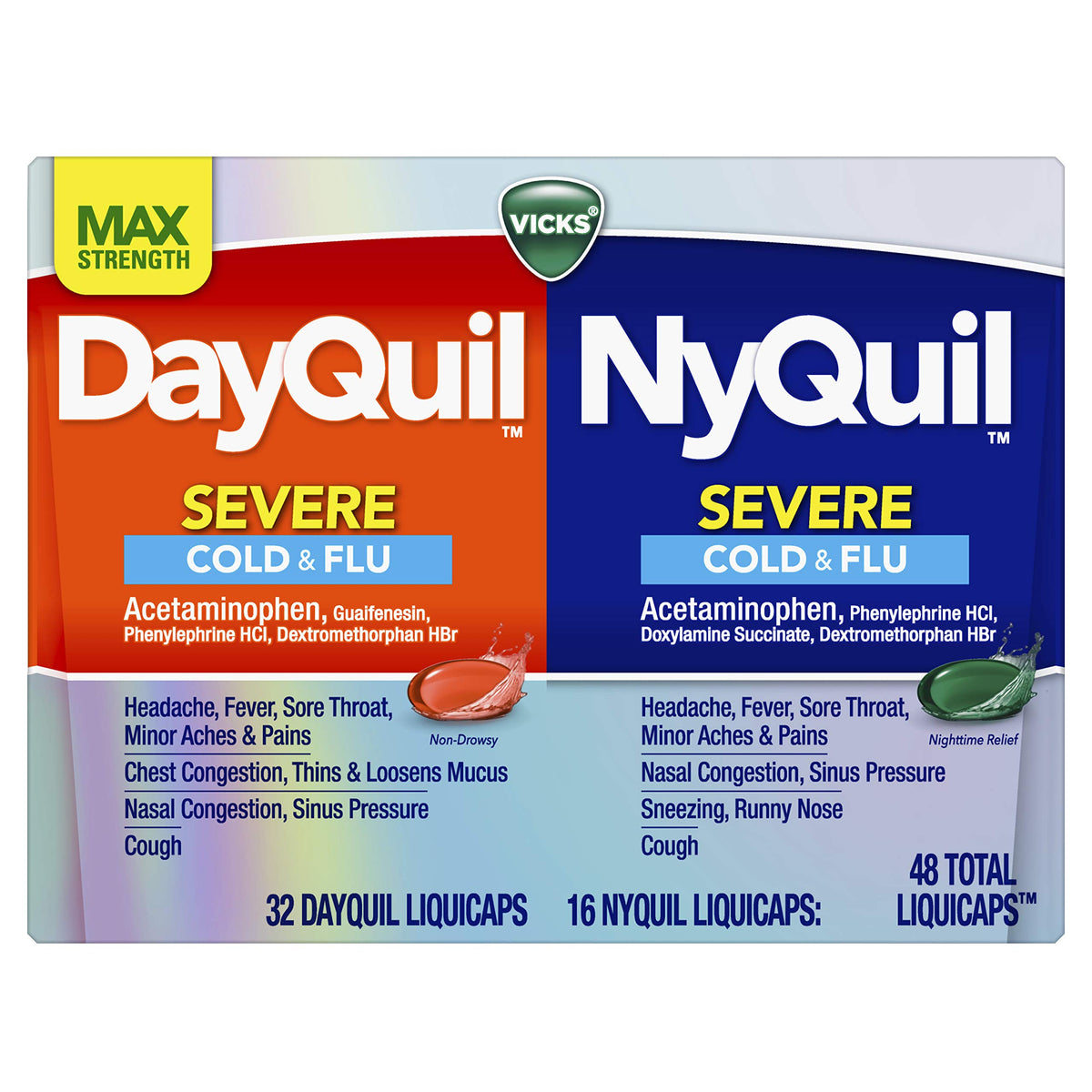 Vicks DayQuil and NyQuil Severe Combo, Max Strength Cold & Flu Medicine for Fever, Sore Throat, Nasal Congestion - 48 Count