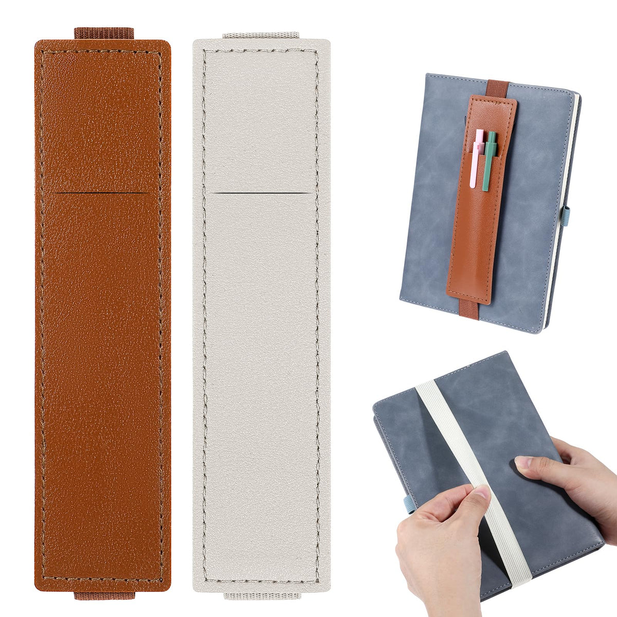 2Pcs Elastic Pen Holder for Notebook, Adjustable Pen Sleeve Pouch, PU Leather Pencil Case with Adjustable Band, Pencil Holder Case for Bible, Notebook, Planners, Binders and Books (Brown, Beige)