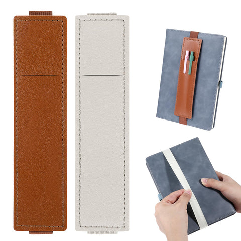 2Pcs Elastic Pen Holder for Notebook, Adjustable Pen Sleeve Pouch, PU Leather Pencil Case with Adjustable Band, Pencil Holder Case for Bible, Notebook, Planners, Binders and Books (Brown, Beige)